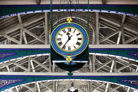 Smithfield Market, London, England, UK, with its Victorian cast iron roof girders and its majestic clock のeditorial素材