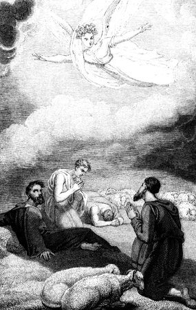 An engraved vintage illustration image of the annunciation to the shepherds of  the birth of Jesus Christ , by R. Westall from a Georgian book titled \'Illustrated to the Testament\' dated 1836 that is no longer in copyrighのeditorial素材
