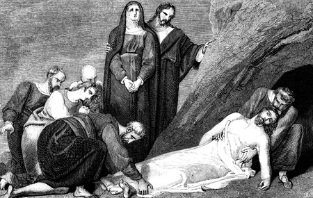 An engraved vintage illustration image of the entombment of Jesus Christ, by R. Westall from a Georgian book titled \'Illustrated to the Testament\' dated 1836 that is no longer in copyrightのeditorial素材