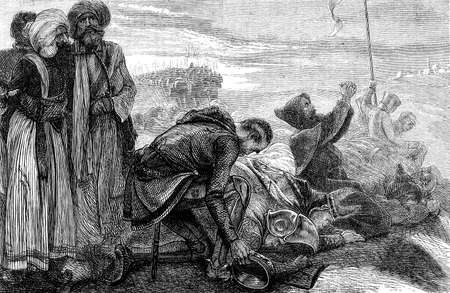 An engraved illustration image of  Crusaders worshipping after receiving there first view of Jerusalem in the Holy Land from a Victorian book dated 1870 that is no longer in copyrightの写真素材