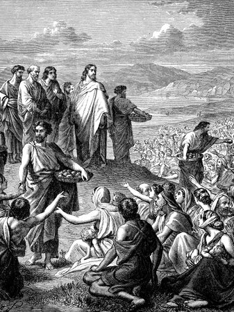 An engraved vintage illustration image of Jesus Feeding of the Multitude, also known as the Feeding of the Five Thousand of the New Testament Bible from a Victorian book dated 1883 that is no longer in copyrightのeditorial素材