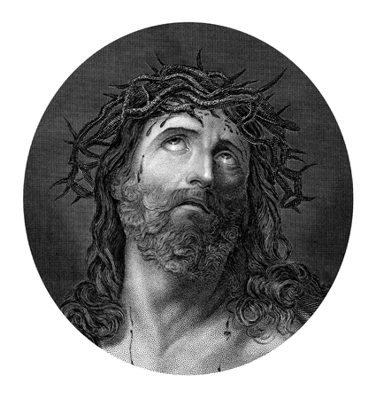 An engraved illustration drawing portrait of  the Crucifixion of Jesus Christ wearing the crown of thorns from a Bible dated 1852 の写真素材