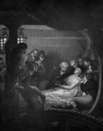 An engraved  vintage illustration image of the death of Admiral Lord Horatio Nelson on HMS Victory after defeating Napoleon Bonaparte at the Battle of Trafalgar in 1805, from a Victorian book dated 1884 that is no longer in copyrightのeditorial素材