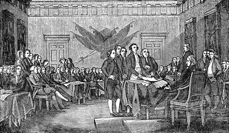 An engraved illustration of the signing the USA  American Declaration of Independence, from a Victorian book dated 1880 that is no longer in copyrightのeditorial素材