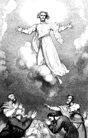 An engraved illustration image of Jesus Christ's resurrection Ascension into Heaven, from a vintage Victorian book dated 1836 that is no longer in copyrightの写真素材