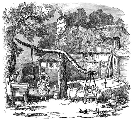An engraved illustration of  a cucking chair also known as a ducking chair at a village well from a Victorian book dated 1883 that is no longer in copyrightの写真素材