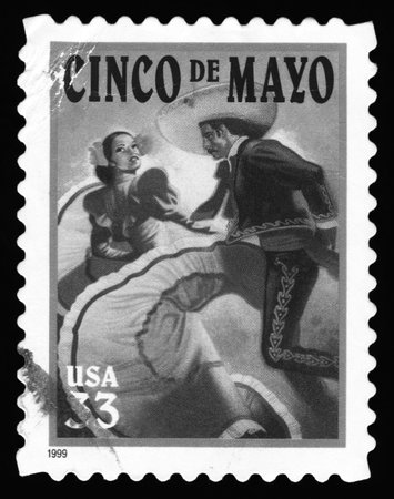 Black and white image of a USA postage stamp showing an image of Mexican Flamenco dancers...