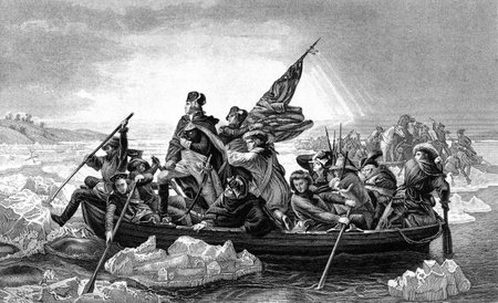 An engraved illustration of George Washington crossing the River Delaware during the American Revolutionary War, from a Victorian book dated 1886 that is no longer in copyrightのeditorial素材