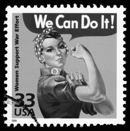USA retro World War Two postage stamp showing an image of women support war effort, black and white...