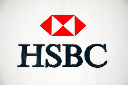 Carmarthen, Wales, UK, October 22, 2016 :  HSBC bank advertising sign outside their retail branch in Lammas Streetのeditorial素材