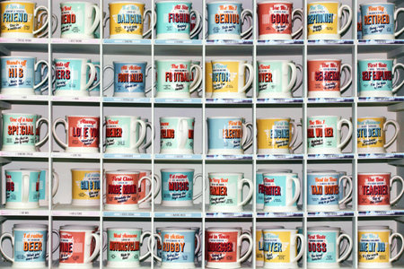 Breakfast tea and coffee mugs stacked in a rowのeditorial素材