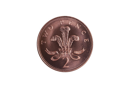 New two pence coin of England UK  cut out and isolated on a white backgroundの写真素材