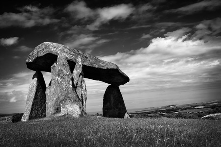 The Pentre Ifan prehistoric megalithic burial chamber which dates from approx 3500BC in Pembrokeshire, Wales, UK black and white monochrome imageの写真素材