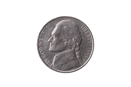 USA half dime nickel coin (25 cents) dated 1999 with a portrait image of Thomas Jefferson cut out...