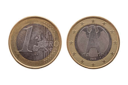 One Euro coin of Germany dated 2002 which shows the German eagle on the reverse cut out and isolated...