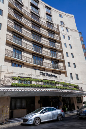 London, UK, April 1, 2012 : The Dorchester Hotel business on Park Lane Mayfair Hyde Park which is a popular travel destination tourist landmark of the city centre stock photo imageのeditorial素材
