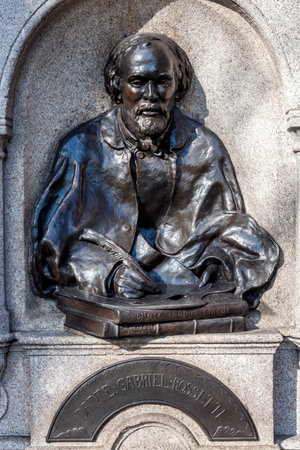 Dante Gabriel Rossetti memorial statue bust from its drinking fountain unveiled in 1887 beside the River Thames in Cheyne Walk Chelsea London England UK who was an English poet and painter stock photoのeditorial素材