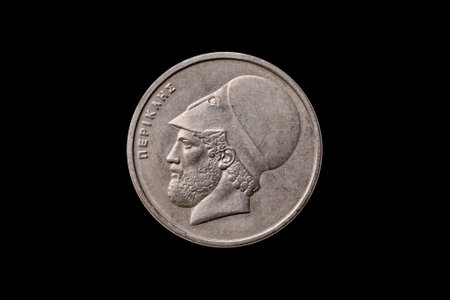 Greek 20 Drachma coin dated 1982 with a portrait image of  Pericles (495 to 429 BC) cut out and isolated on a black background, stock photo imageの写真素材