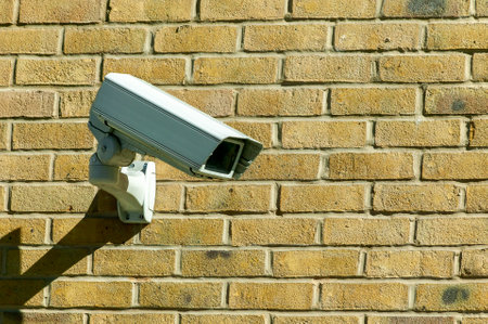 CCTV security camera system being used for surveillance purposes placed on a brick wall with copy...