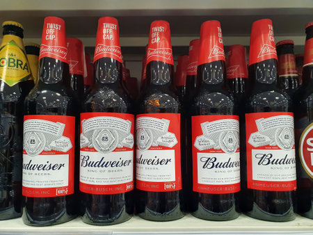 Llanelli, Wales, UK, July6, 2021 : Budweiser alcohol beer bottles on a shelf display at B & M (B&M)...