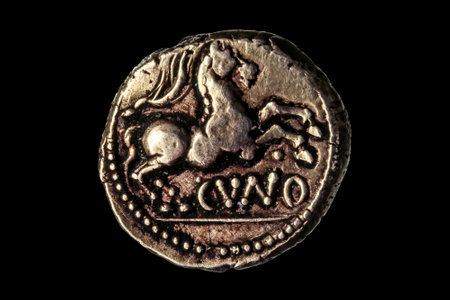 British gold stater coin of the iron age Catuvellauni tribe showing a horse from the Essendon treasure hoard at the time of the Roman invasion of Britain, cut out and isolated on a black backgroundの写真素材