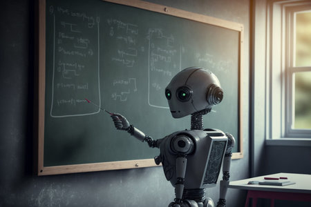 Humanoid education robot teacher in front of a school classroom chalkboard teaching pupils about  science and artificial intelligence technology, computer Generative AI stock illustration imageの素材
