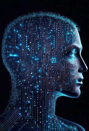 Neural network of big data and artificial intelligence circuit board in the head and face of a blue woman outlining concepts of a digital brain, computer Generative AI stock illustration imageの素材