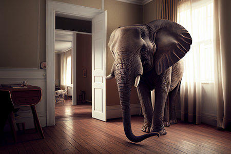 Elephant in the room which is a big problem which everyone is ignoring and afraid to talk about the obvious important truth, computer Generative AI stock illustration imageの素材