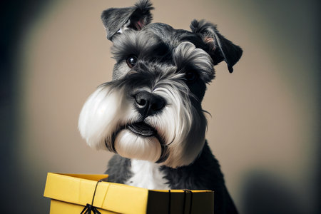Miniature Schnauzer pet dog portrait which is a popular canine purebred pedigree breed with a carrier bag, computer Generative AI stock illustration imageの素材