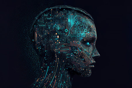 Neural network of big data and artificial intelligence circuit board in the head and face of a green woman outlining concepts of a digital brain, computer Generative AI stock illustration imageの素材
