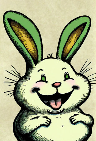 Cartoon little bunny rabbit with a big funny smile which is useful for a greeting card in spring, computer Generative AI stock illustration imageの素材
