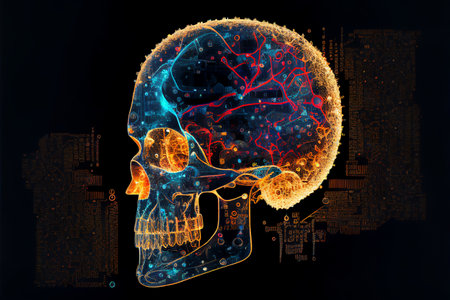 Human skull showing Intelligent thinking through the concept of a neural brain network printed circuit of big data and artificial intelligence, computer Generative AI stock illustration imageの素材