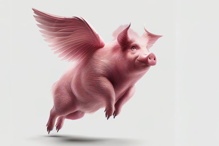 Pigs might fly a phrase used to express  disbelief isolated on a white background shown as a pink swine with wings flying, computer Generative AI stock illustration imageの素材