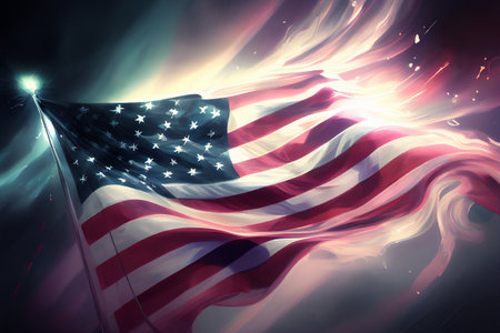 USA Stars and Stripes or Star Spangled Banner of the American national flag distressed on fire and burning, computer Generative AI stock illustration imageの素材