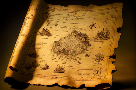 Antique pirate treasure map for the location of a hidden gold fortune through piracy on the high sea, computer Generative AI stock illustration imageの素材