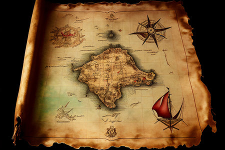Antique pirate treasure map for the location of a hidden gold fortune through piracy on the high sea, computer Generative AI stock illustration imageの素材