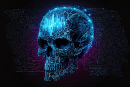 Blue human skull showing Intelligent thinking through the concept of a neural brain network printed circuit of big data and artificial intelligence, computer Generative AI stock illustration imageの素材