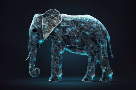 Neural network of an elephant with big data and artificial intelligence circuit board in the body of the animal, outlining concepts of a digital brain, computer Generative AI stock illustration photoの素材