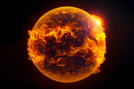 Molten surface of the sun with a solar flare from the star producing plasma and radiation activity into outa space causing ultraviolet rays, computer Generative AI stock illustration imageの素材