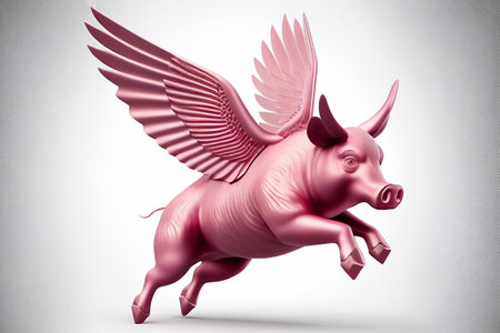 Pigs might fly a phrase used to express  disbelief isolated on a white background shown as a pink swine with wings flying, computer Generative AI stock illustration imageの素材