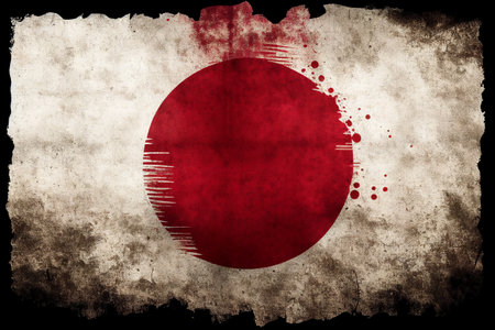 National flag of Japan background with a distressed vintage weathered effect where the crimson red disc on a white background represents the Japanese sun, computer Generative AI stock illustrationの素材