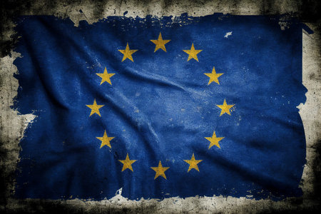 The Flag of Europe background with a distressed vintage weathered effect, the golden stars on a blue sky represents the original twelve European states, computer Generative AI stock illustrationの素材