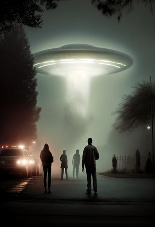 Close encounter of the third kind with a UFO flying saucer spaceship from outer space creating an alien abduction sighting phenomenon of human beings, computer Generative AI stock illustrationの素材
