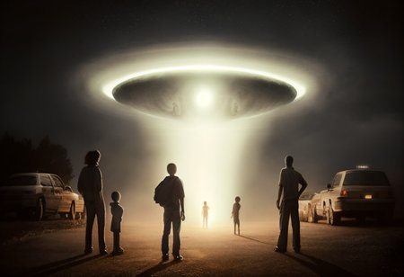 Close encounter of the third kind with a UFO flying saucer spaceship from outer space creating an alien abduction sighting phenomenon of human beings, computer Generative AI stock illustrationの素材