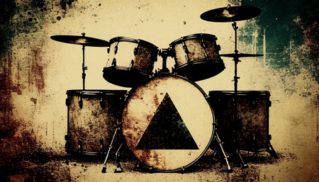 Drumkit background with an abstract vintage distressed texture which is a musical percussion instrument used in blues, rock, jazz and classical music, computer Generative AI stock illustration imageの素材