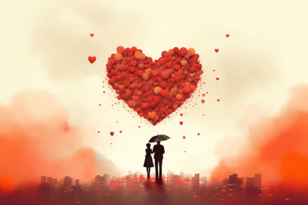 Young couple in love with a giant heart of red balloons above them while sharing a romantic moment on Valentine's Day while dating, computer Generative AI stock illustrationの素材