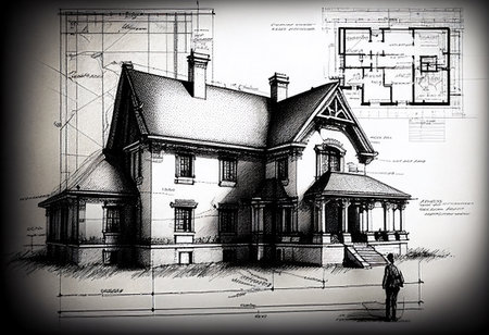 Architectural ink drawing design which is a blue print design by an architect for the construction plan of a luxury house for the construction industry, computer Generative AI stock illustrationの素材