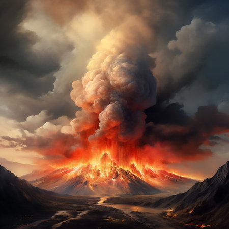 Volcano eruption creating an explosive mix of volcanic ash and molten rock lava from its crater which will lead to an erupting pyroclastic flow, computer Generative AI stock illustration imageの素材