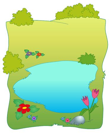 Meadow field and small lakeの写真素材