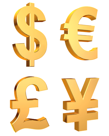 3D rendered currency symbols set on a white background.の写真素材